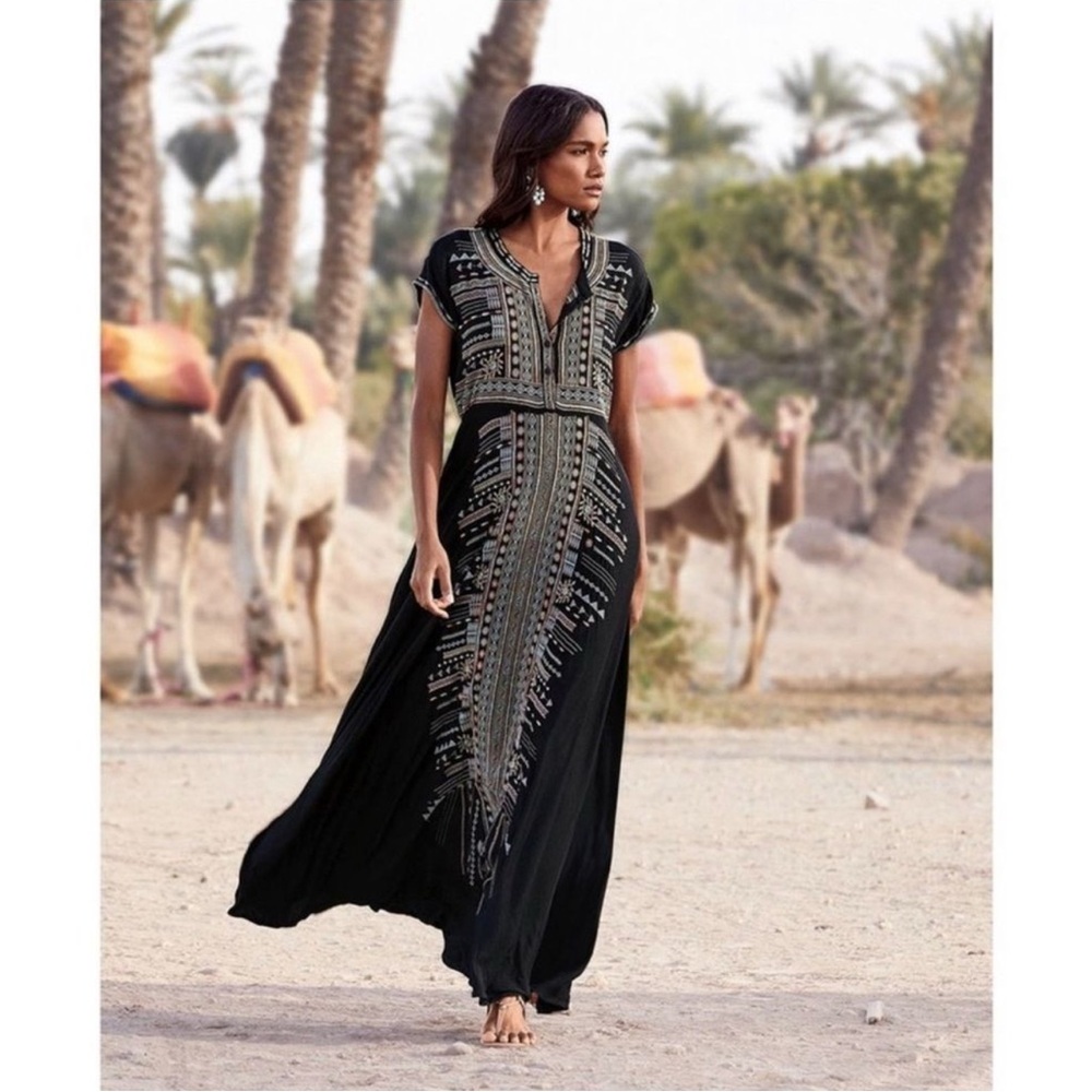 Johnny Was Biya Effy Stretch Challis Black Fully Embroidered Maxi Dress Large